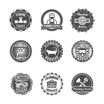 Plumbing service labels with water pipe plumber and tools isolated vector illustration eps