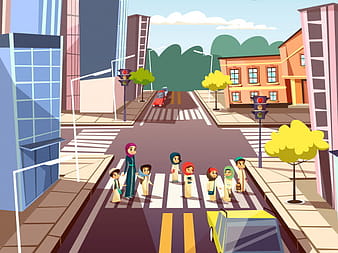 Pedestrians on crossroad of Arab Muslim mother woman crossing street with children eps vector