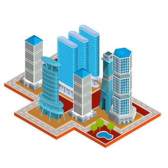 Vector isometric 3D illustrations of modern urban quarter with skyscrapers, offices, residential buildings eps