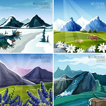Mountatins four seasons landscapes vector eps