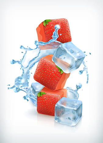 Strawberries with ice cubes and water splash vector eps