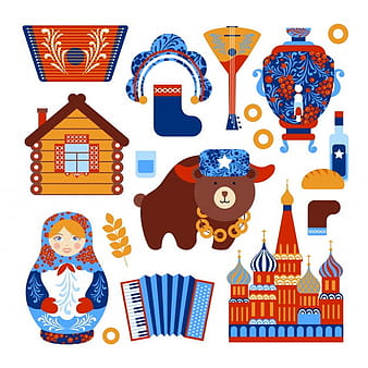 Russia travel set with vintage national elements icons set isolated vector illustration eps