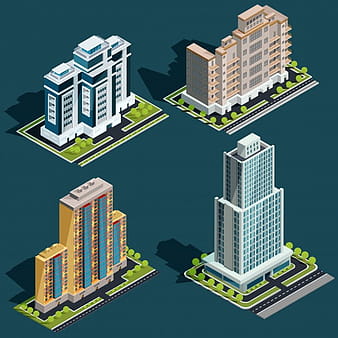 Vector isometric 3D illustrations of modern urban buildings eps