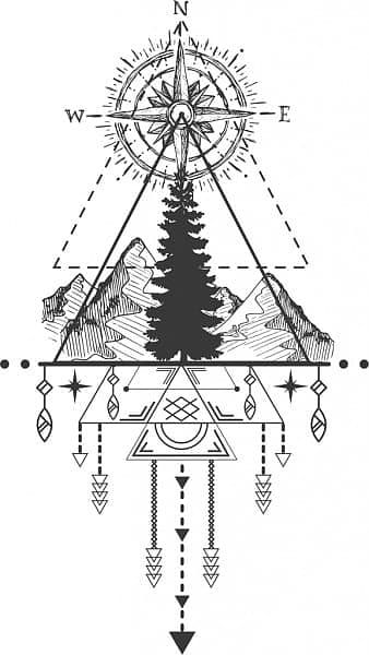 Tato Tribal Template Kompas Gunung Ikon Desain Simetris eps ai