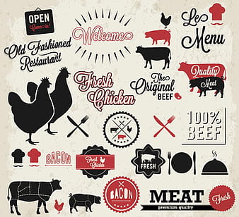 Quality meat labels with restaurant elements vector ai