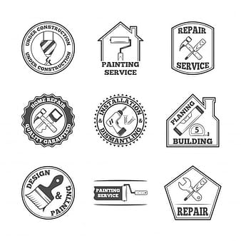 Home repair panting service quality building installation design labels set with black tools icons isolated  vector illustration eps
