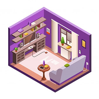 Isometric living room interior section. Cozy modern 3d house room in day light eps vector