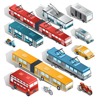 Set of vector isometric illustrations of municipal city transport eps