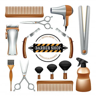 Barbershop sign and tools comb scissors brush razor color decorative icon set eps vector
