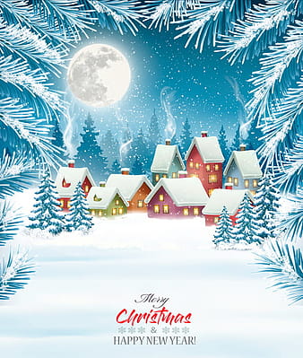 merry christmas background with winter village vector eps