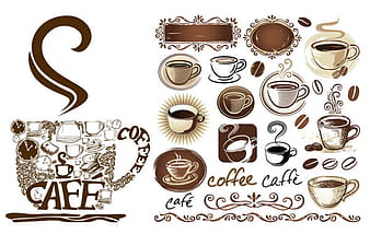Coffee pot, coffee mugs, coffee beans, coffee shop decorated vector eps