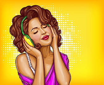 Woman listening music in headphones pop art vector eps
