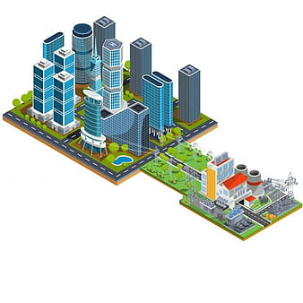 Vector isometric 3D illustrations of modern urban quarter with skyscrapers and a nearby power station eps