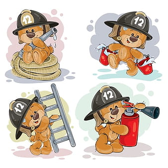 Teddy bear firefighter with rescue equipment  – vector  eps