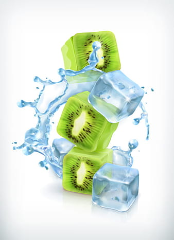 Kiwi with ice cubes and water splash vector eps