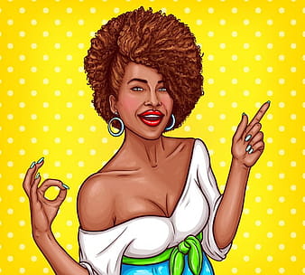 Vector pop art illustration of a black woman shows the OK sign and points the finger to the direction eps