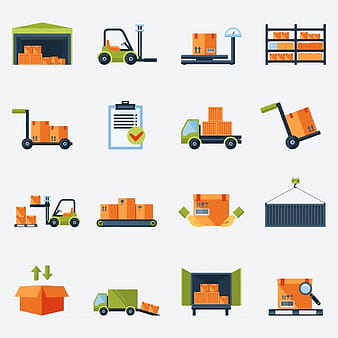 Warehouse transportation and delivery icons flat set isolated vector illustration eps
