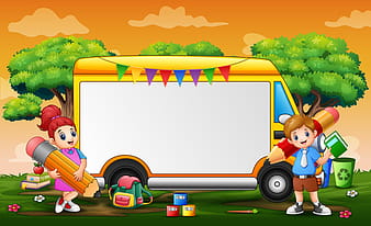 Children and school bus cartoon background vector eps