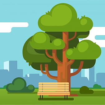 City park bench under an oak with urban landscape eps vector