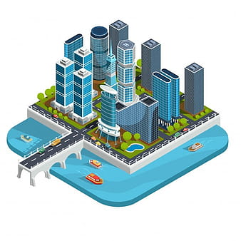 Vector isometric 3D illustrations of modern urban quarter with skyscrapers, offices, residential buildings, transport eps