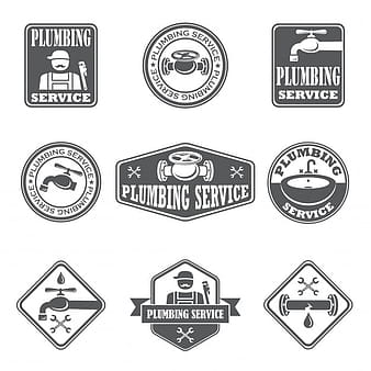 Plumbing service badges with water pipe plumber and tools isolated vector illustration eps