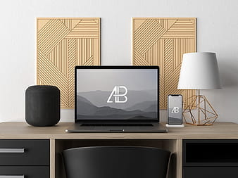 Modern Macbook Pro and iPhone X on Desk Mockup psd vector