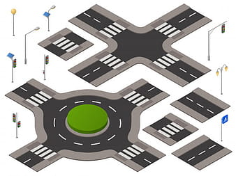 Isometric crossroads set. 3d highway transportation infrastructure, urban landscape eps vector