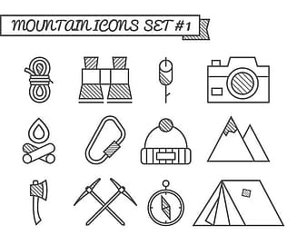 Set of Camping, travel icons, thin line style, flat design. Mountain climbing theme with touristic tent,  axe and other equipment elements. Isolated on white background. Vector eps