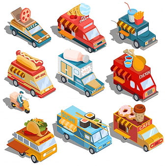Isometric illustrations of cars fast delivery of food and food trucks eps vector