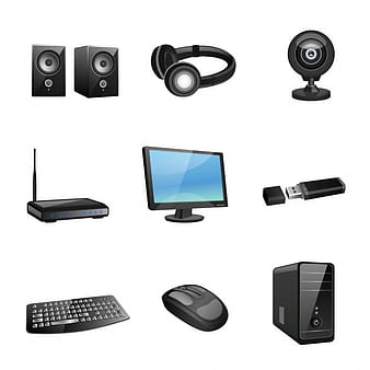 Computer accessories and peripheral black icons set isolated vector illustration eps