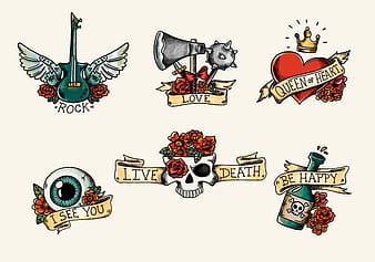 Tatuaje de la vieja escuela con calavera, rosas rojas y cintas eps ai svg