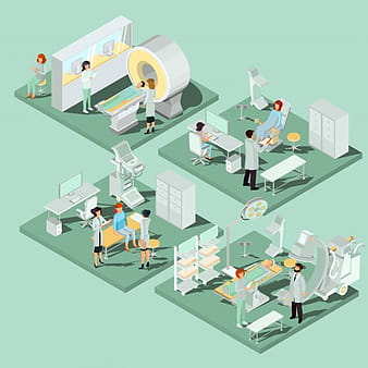 Set of 3D flat isometric illustrations of medical premises in the clinic with the appropriate equipment eps vector