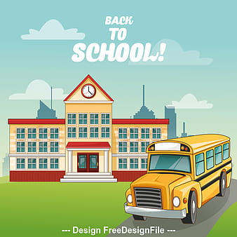 School bus and school building cartoon illustration vector eps