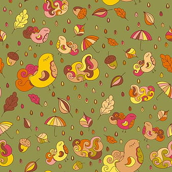 Seamless pattern with birds and leafs. Vector autumn theme background.  Endless pattern for faric or other designs. eps