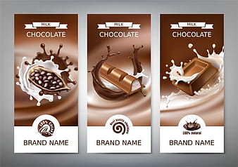 Set of vector 3D realistic illustrations, banners with splashes of melted chocolate and milk eps