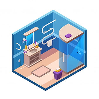 Isometric bathroom interior section template. 3d modern home, hotel apartment eps vector