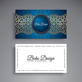 Tarjeta de visita azul y dorada con decoración de mandala eps