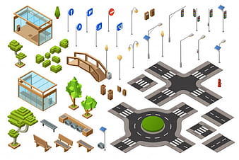 City traffic street isometric 3D illustration of traffic light, transport direction signs. eps vector