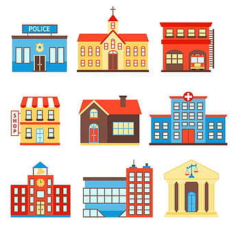Government building icons set of police shop church isolated vector illustration eps