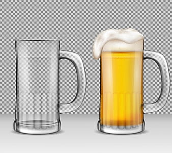 Vector realistic illustration of two transparent glass mugs - one full of beer with foam, the other is empty. eps