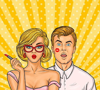 Pop art sexy woman with red lipstick kissed a man eps vector