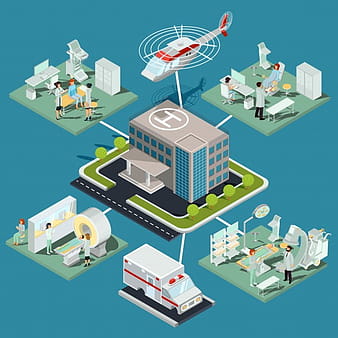 Set of 3D flat isometric illustrations of medical clinic building and medical premises with the appropriate equipment eps vector