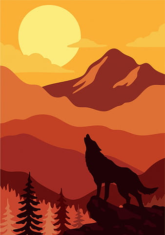 Pintura de vida silvestre lobo montaña luz de la luna boceto silueta decoración ai eps