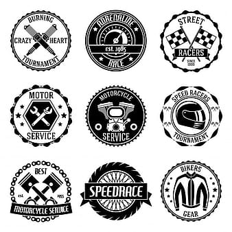 Motorcycle racing tournament motor service emblems black set isolated vector illustration eps