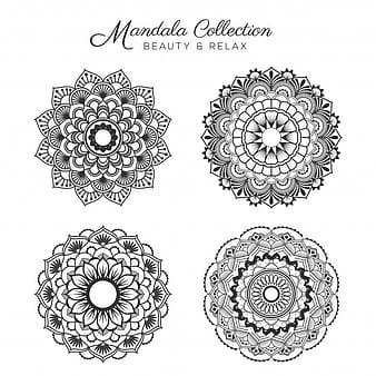 Conjunto de diseño decorativo y ornamental mandala para colorear página, tarjeta de felicitación, invitación, tatuaje, símbolo de yoga y spa eps