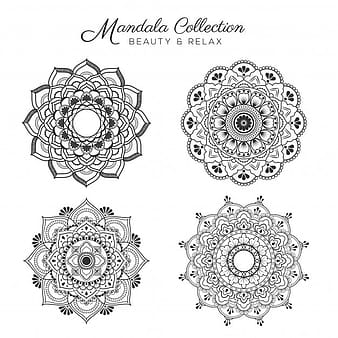 Conjunto de diseño decorativo y ornamental mandala para colorear página, tarjeta de felicitación, invitación, tatuaje, símbolo de yoga y spa eps