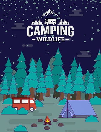 Vida silvestre camping banner bosque carpa bus fogata iconos eps ai