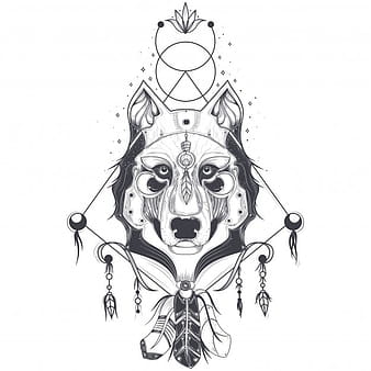 Ilustración de vector de una vista frontal de una cabeza de lobo, dibujo geométrico de un tatuaje eps