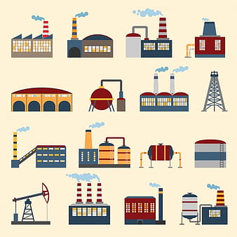 Industrial building factories and plants icons set isolated vector illustration. eps